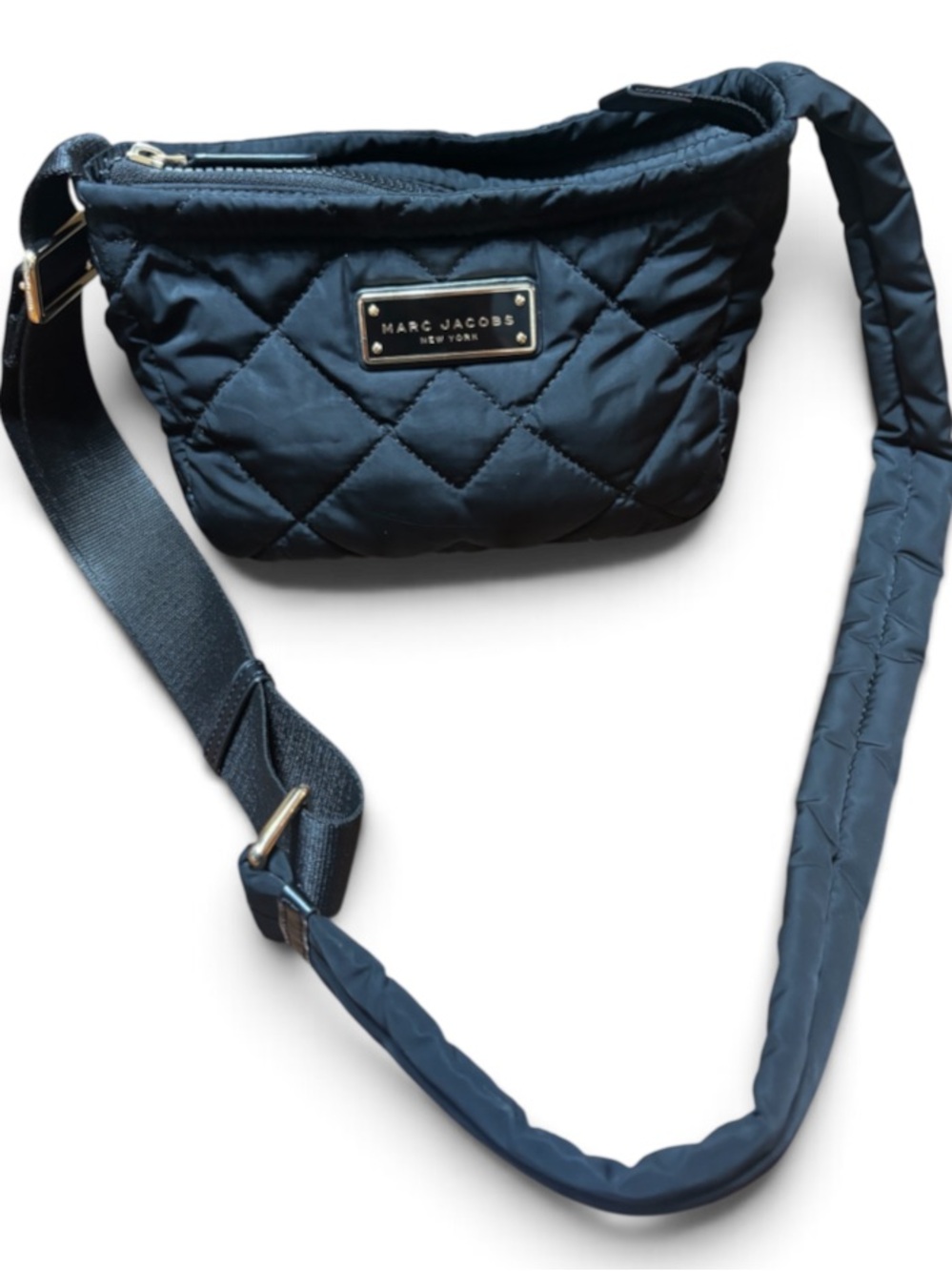 Marc Jacobs Black Quilted Nylon Crossbody with Gold Plaque